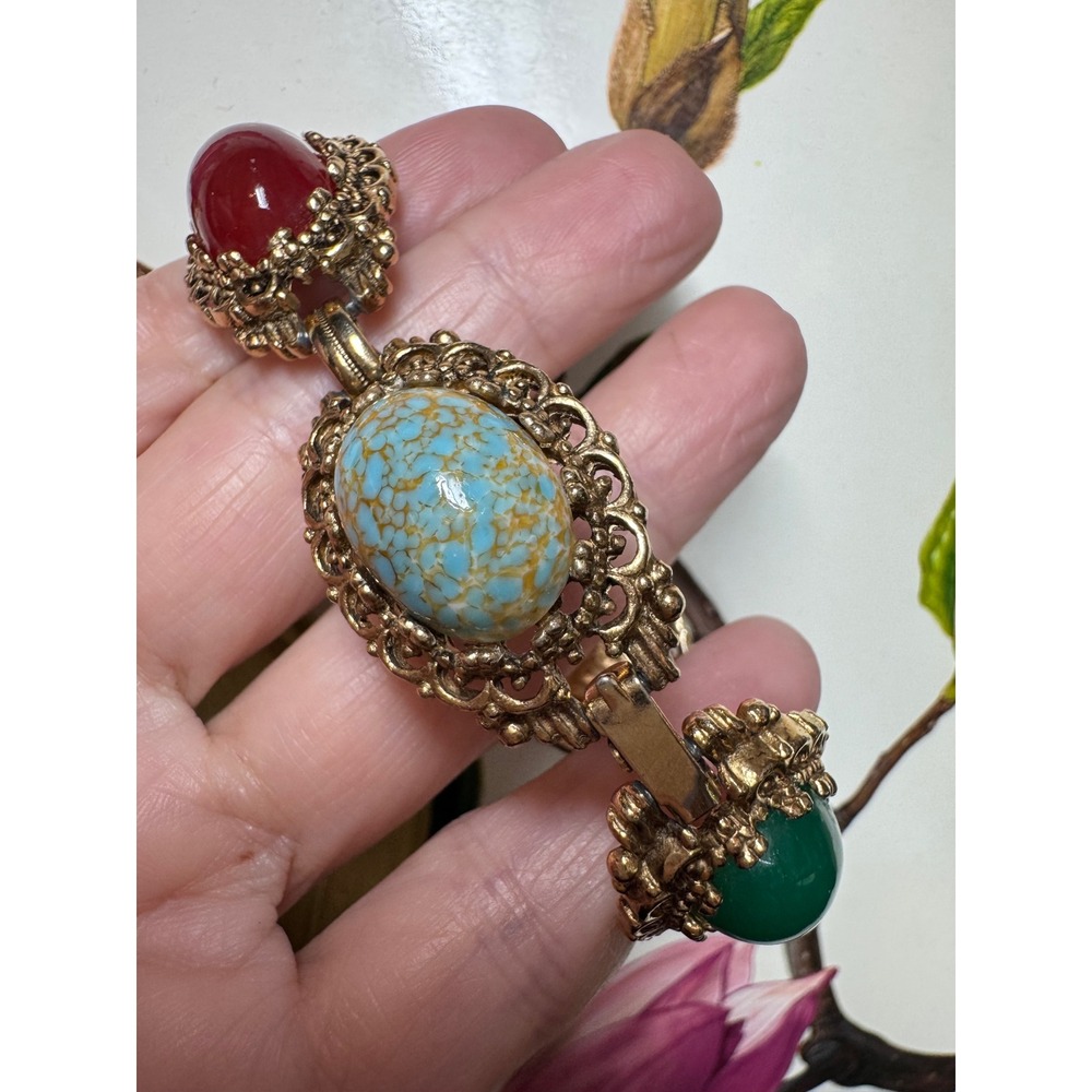 Vintage Gold Tone Filigree Link Bracelet Multi Color Faux Gemstone Cabochon 7.5"